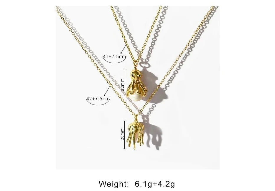 18K Gold Plated Octopus & Freshwater Pearl Necklace - Floral Fawna