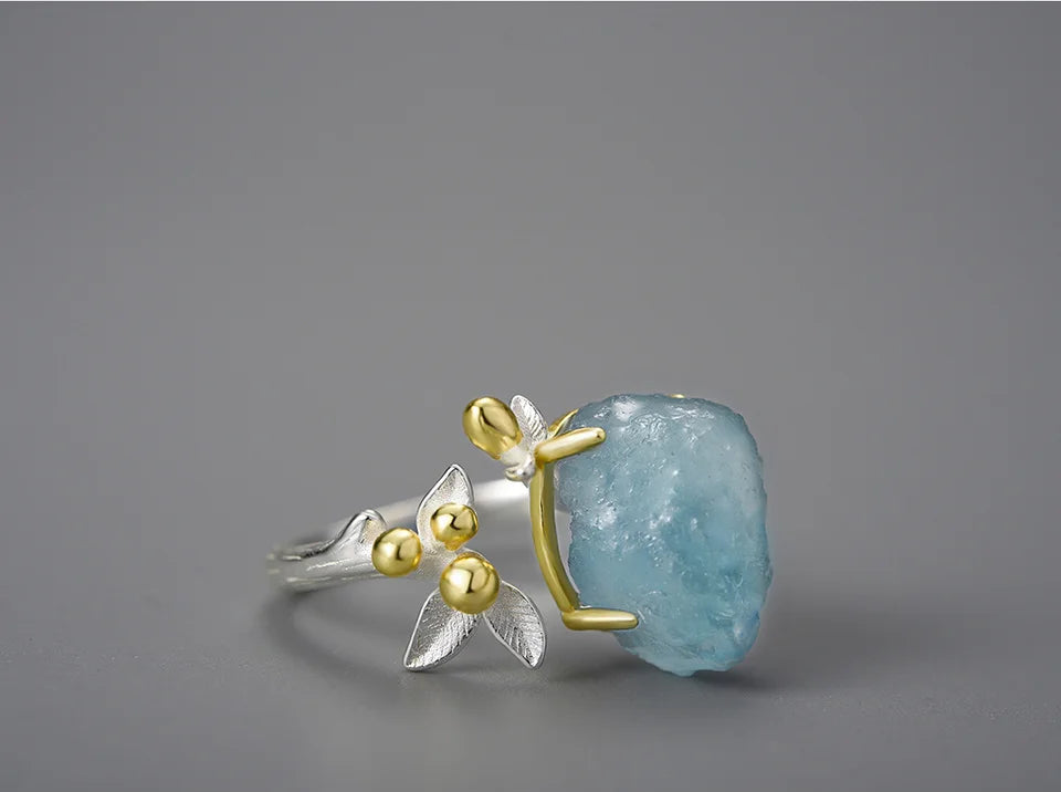 Sterling Silver Aquamarine Flower Ring - Floral Fawna
