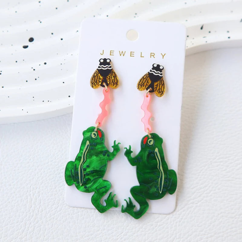 Frogs Catching Bees Acrylic Earrings - Floral Fawna