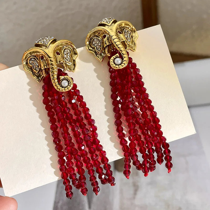 Gold Elephant Tassel Earrings - Floral Fawna