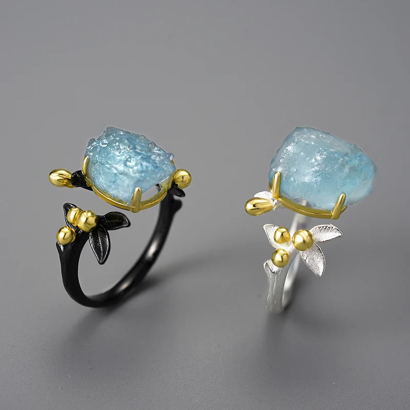 Sterling Silver Aquamarine Flower Ring - Floral Fawna