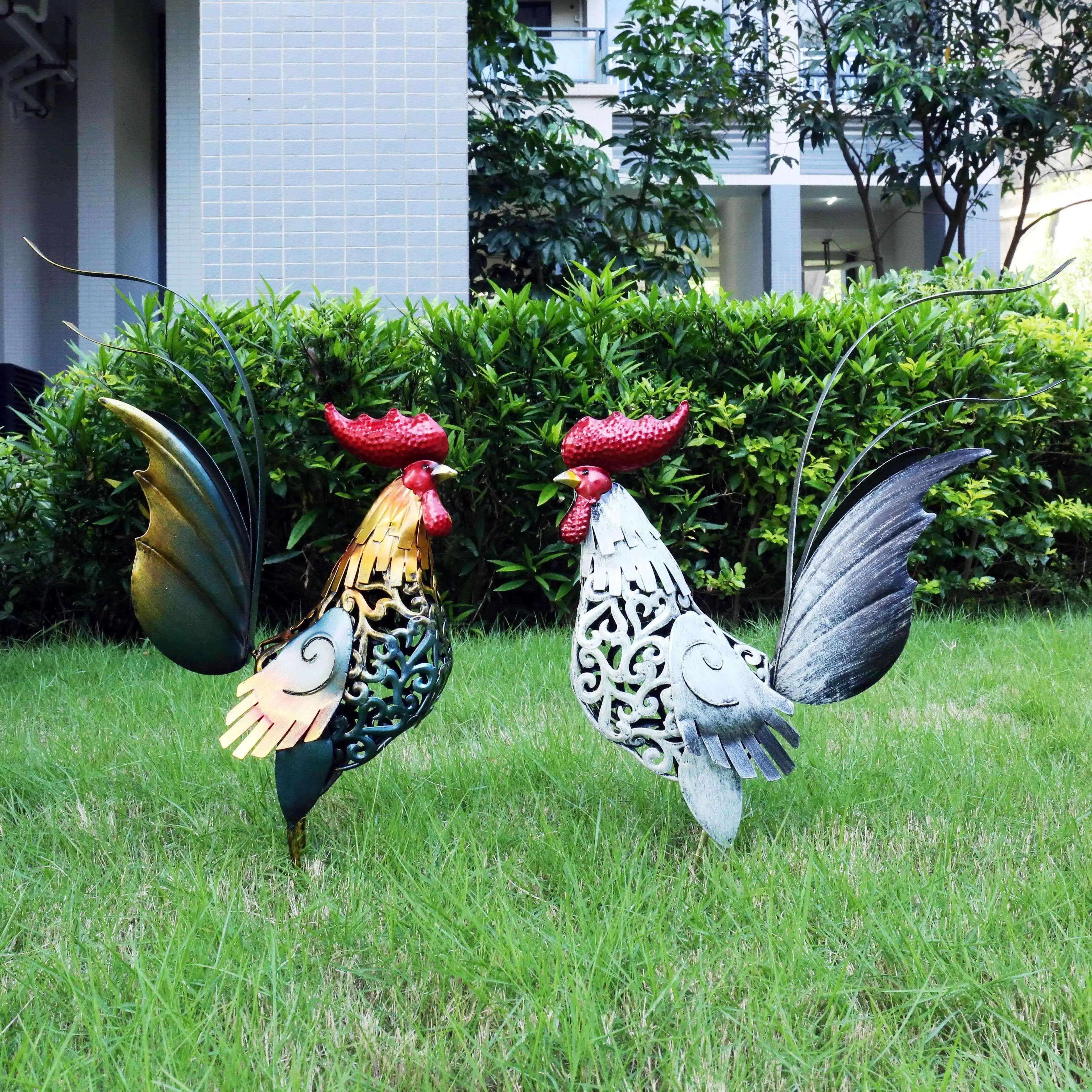 Metal Rooster Sculpture - Floral Fawna