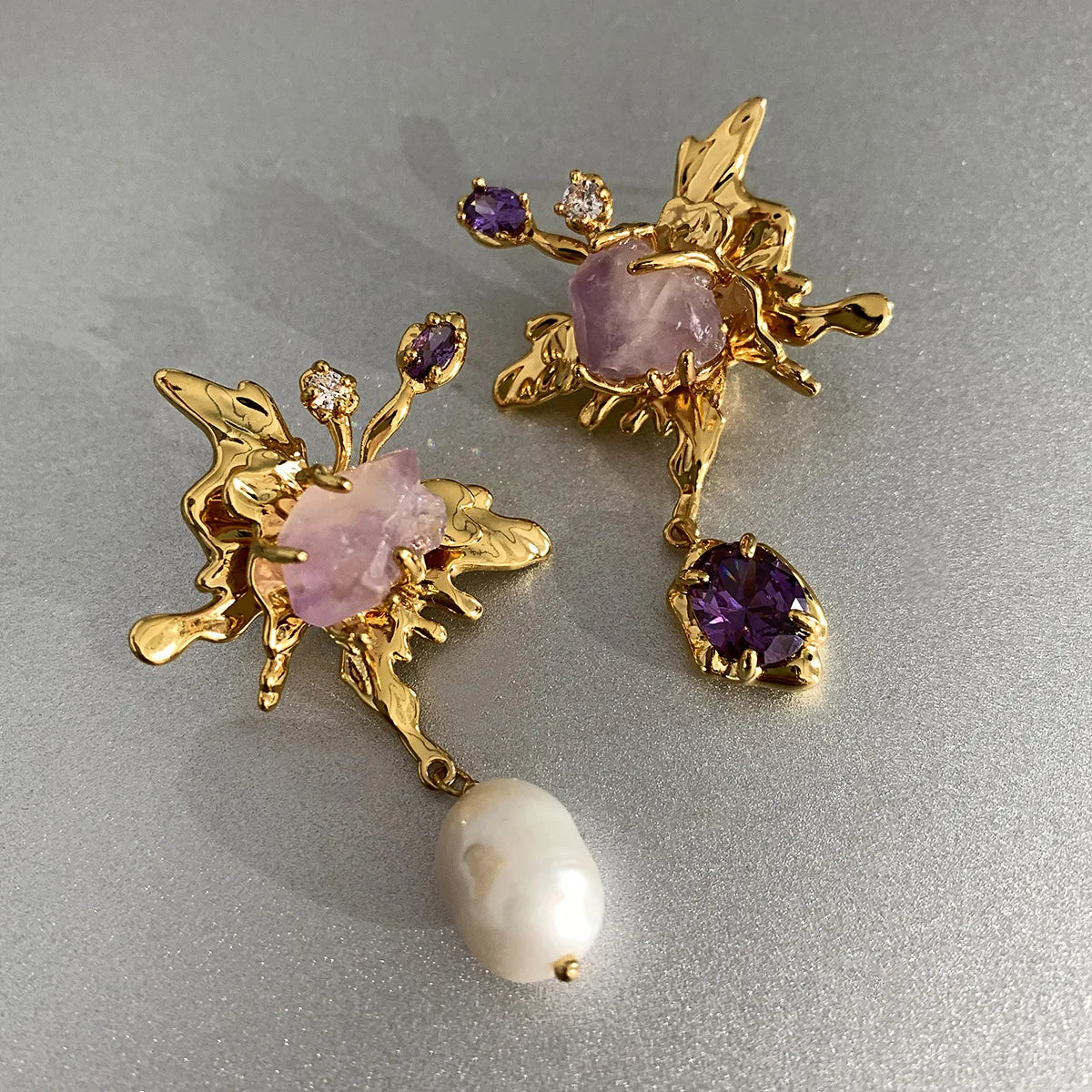 Freshwater Pearl & Stone Asymmetrical Earrings