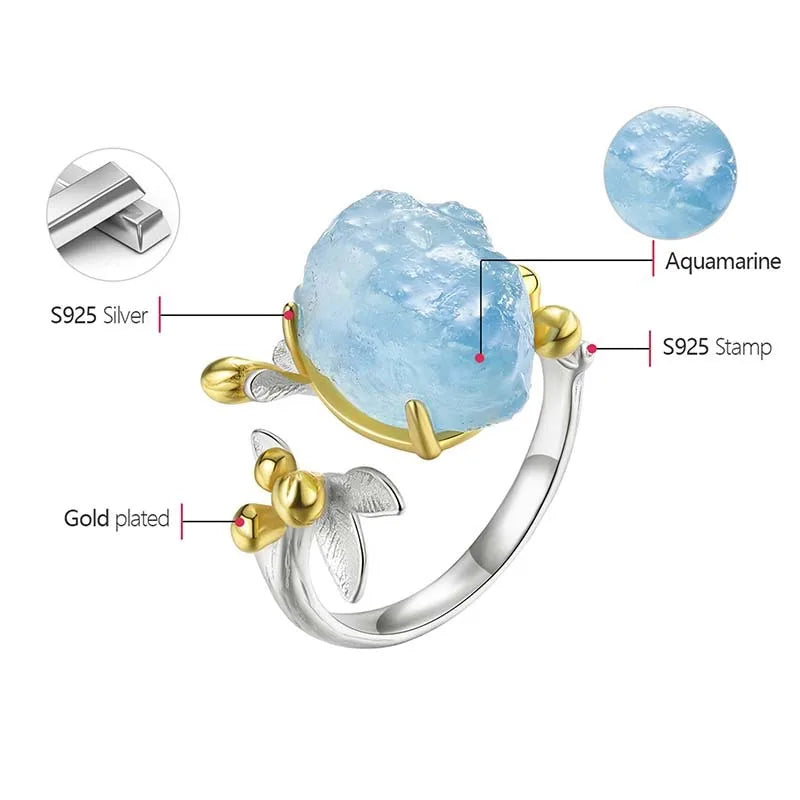 Sterling Silver Aquamarine Flower Ring - Floral Fawna