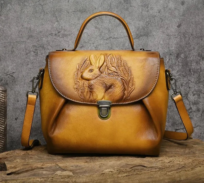 Rabbit Embossed Leather Shoulder Bag