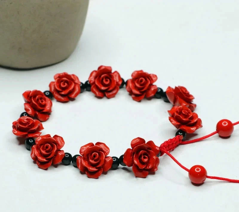 Red Rose Beaded Bracelet - Floral Fawna