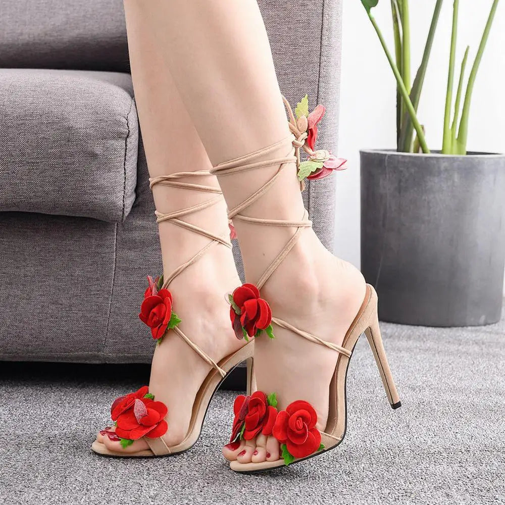 Rose Lace Up Stilettos - Floral Fawna