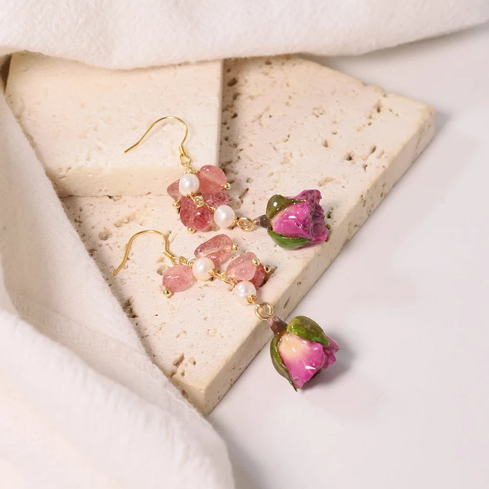 Pearl & Rose Drop Earrings - Floral Fawna