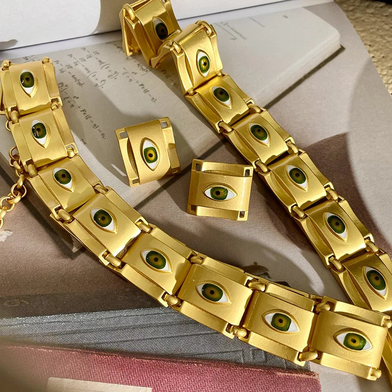 Gold Square Eye Necklace & Earrings Set - Floral Fawna