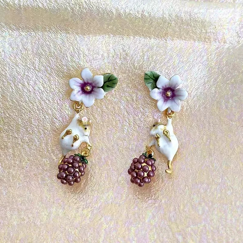 Vole & Raspberry Dangle Earrings - Floral Fawna