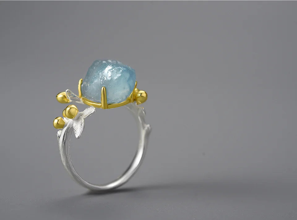 Sterling Silver Aquamarine Flower Ring - Floral Fawna
