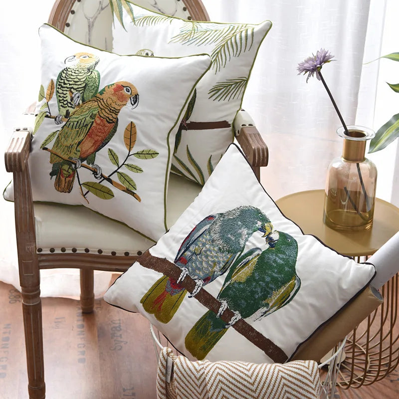 Parrot Embroidered Cushion Cover