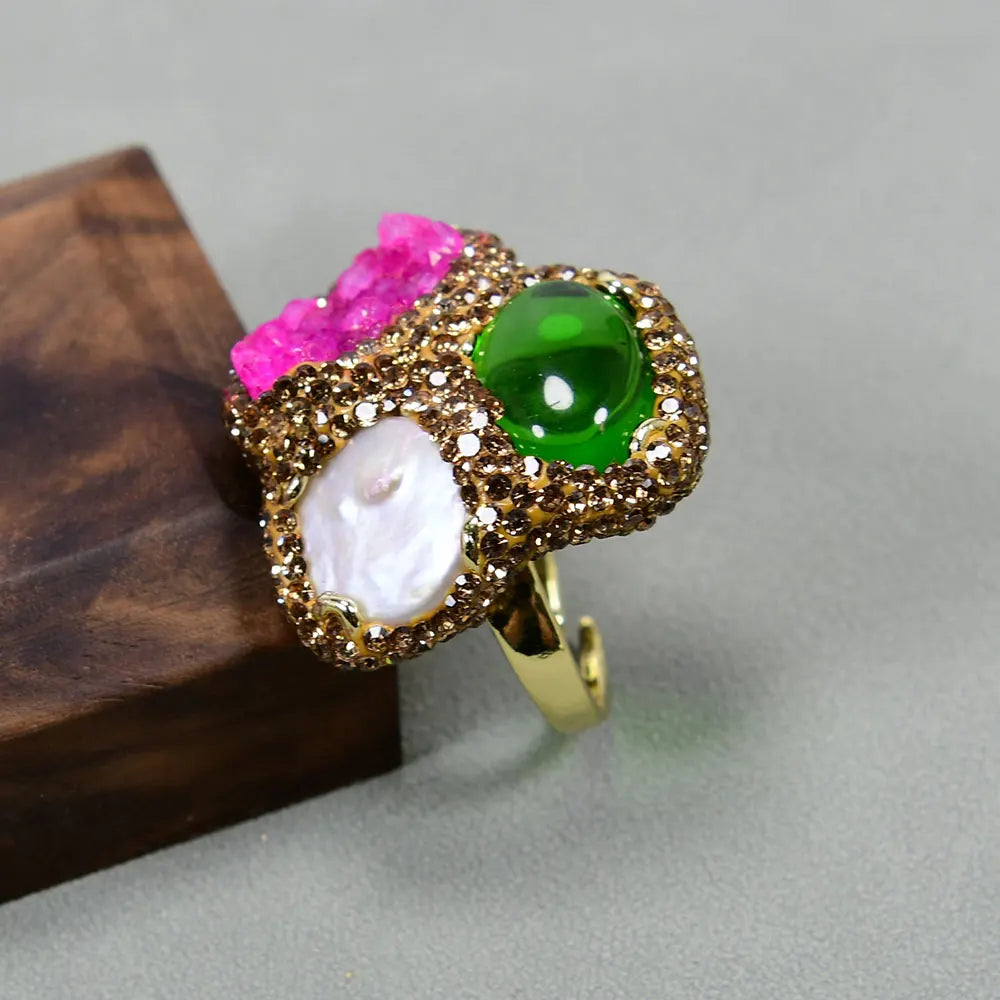 Pearl & Agate Druzy Ring - Floral Fawna