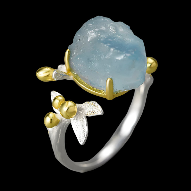 Sterling Silver Aquamarine Flower Ring - Floral Fawna
