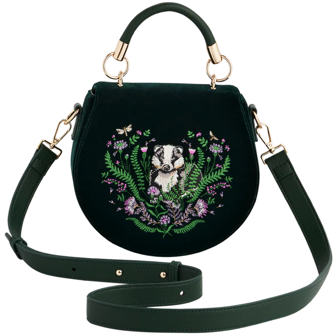 Badger Embroidered Green Top Handle Saddle Bag