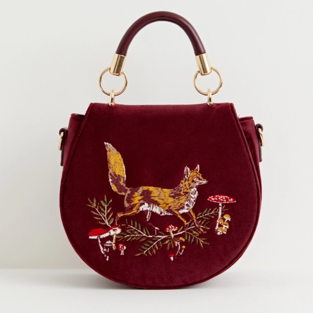Fox & Mushroom Embroidered Velvet Saddle Purse
