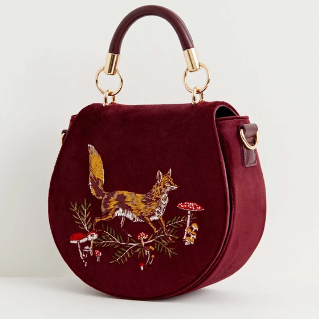 Fox & Mushroom Embroidered Velvet Saddle Purse