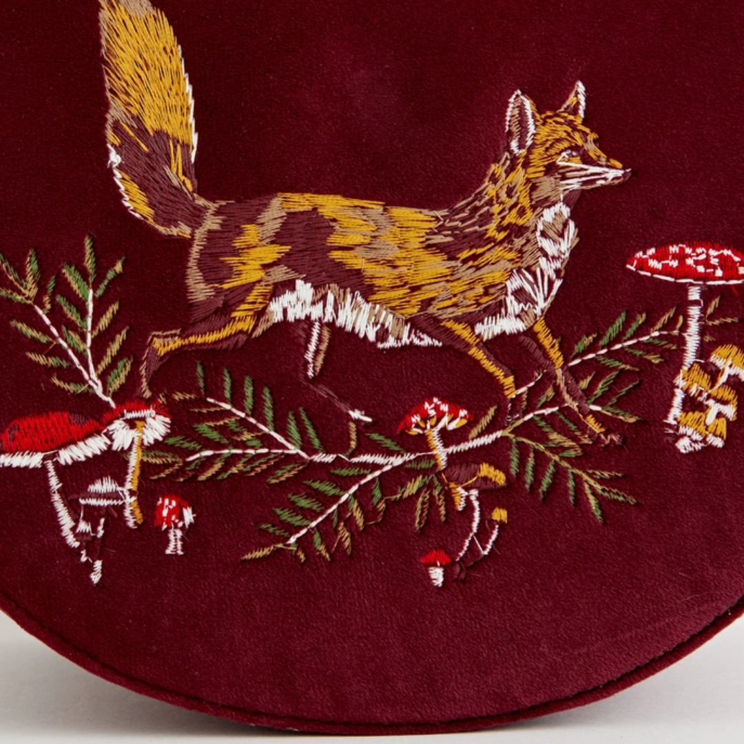 Fox & Mushroom Embroidered Velvet Saddle Purse