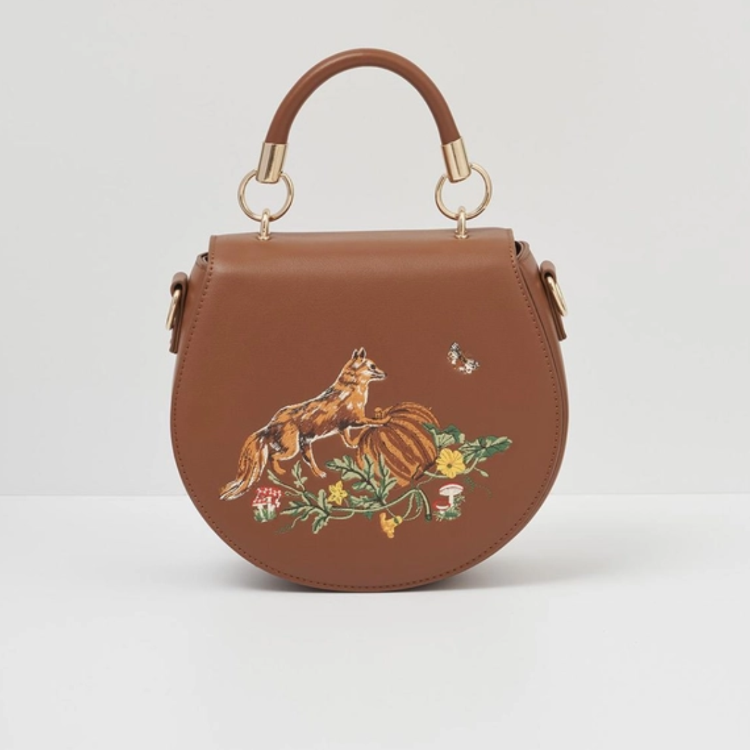 Fox & Pumpkin Embroidered Tan Saddle Purse