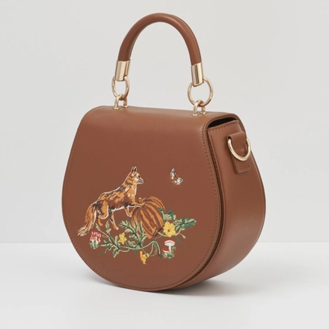 Fox & Pumpkin Embroidered Tan Saddle Purse