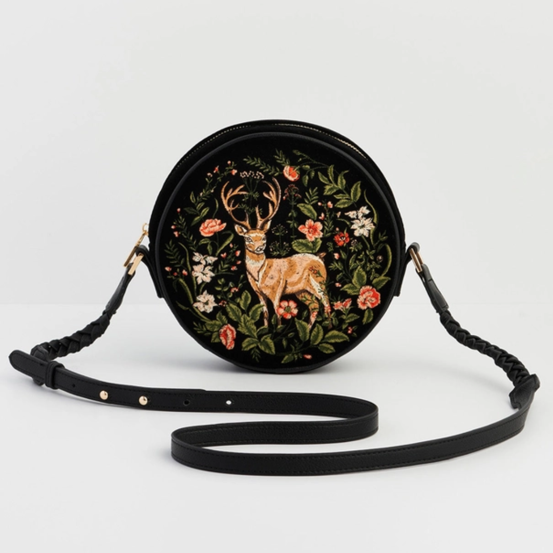 Fawn Embroidered Black Circle Bag