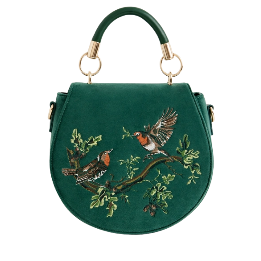 Robin Love Fern Green Velvet Embroidered Purse
