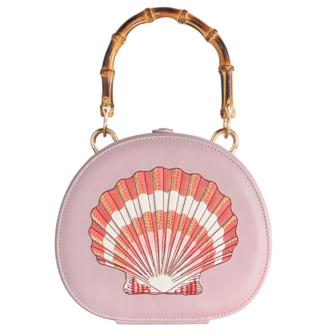 Embroidered Shell Lilac Bamboo Top Handle Bag