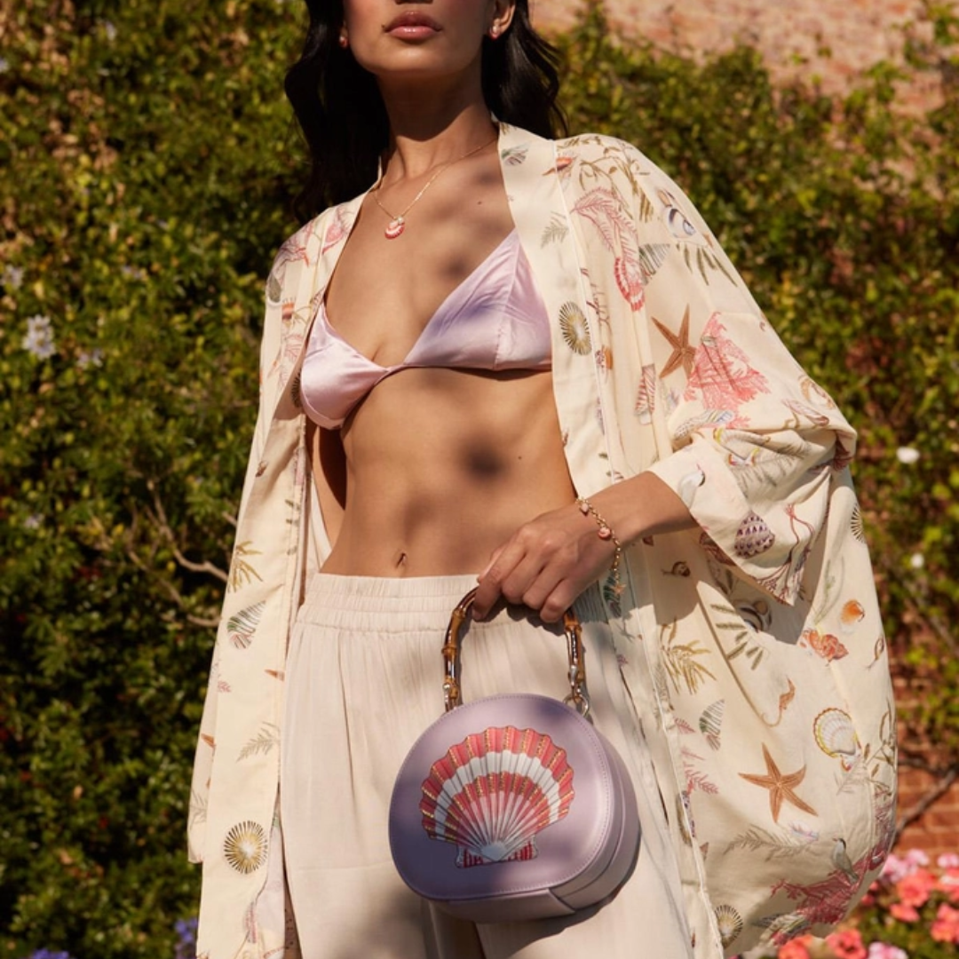 Embroidered Shell Lilac Bamboo Top Handle Bag