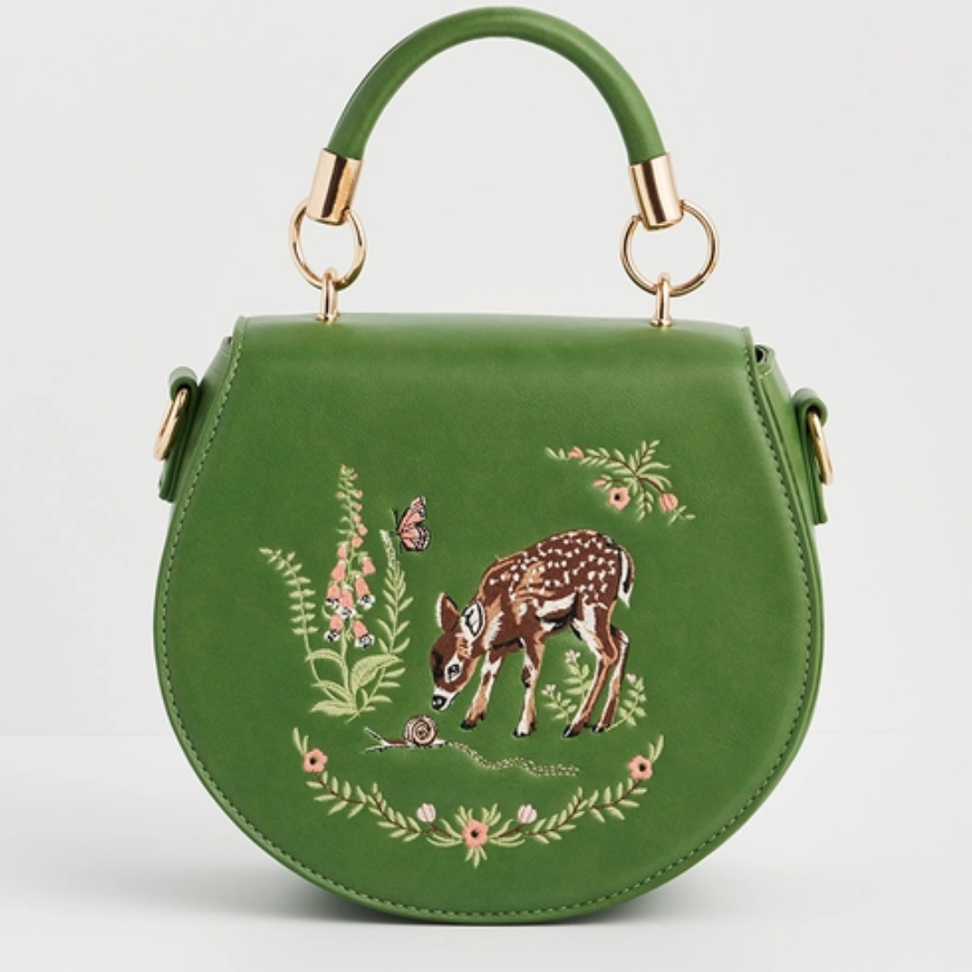 Fawn & Snail Green Embroidered Top Handle Bag