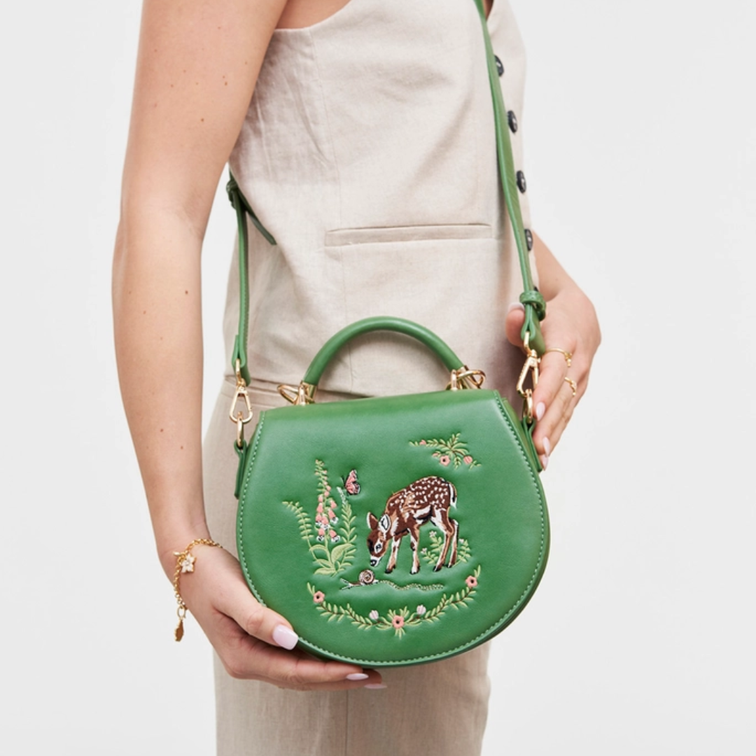 Fawn & Snail Green Embroidered Top Handle Bag