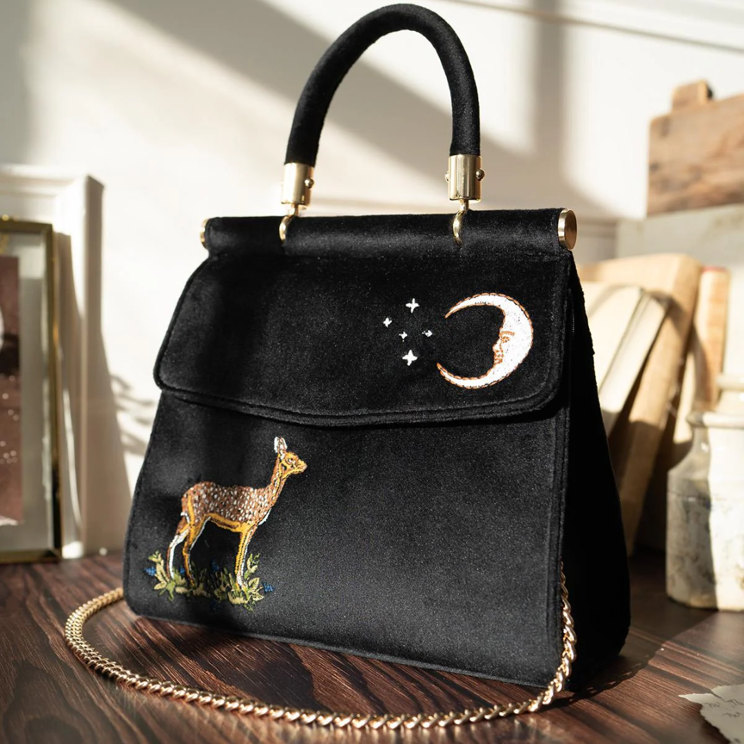 Deer & Moon Embroidered Black Velvet Tote Bag