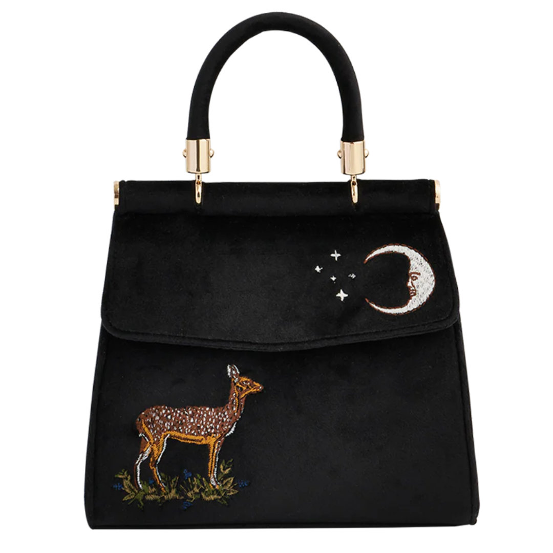 Deer & Moon Embroidered Black Velvet Tote Bag