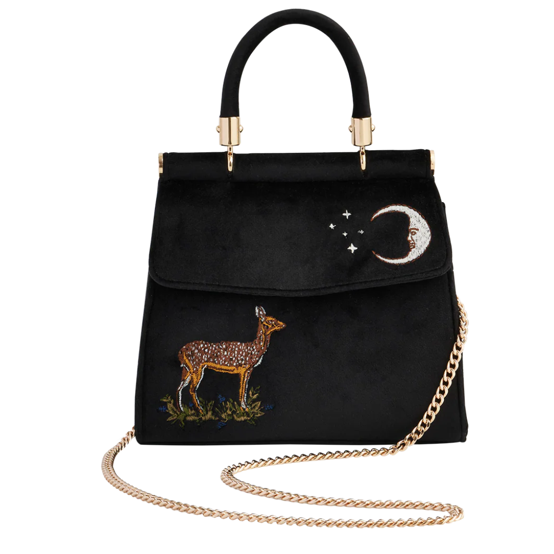 Deer & Moon Embroidered Black Velvet Tote Bag
