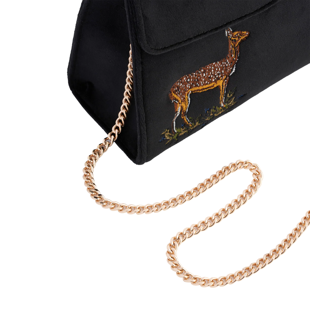 Deer & Moon Embroidered Black Velvet Tote Bag