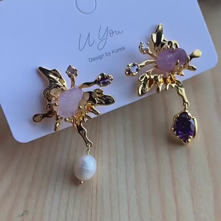 Freshwater Pearl & Stone Asymmetrical Earrings