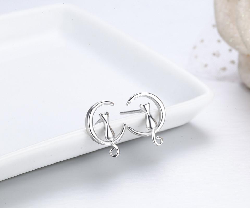 Cat & Moon Sterling Silver Stud Earrings - Floral Fawna