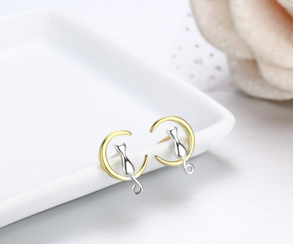 Cat & Moon Sterling Silver Stud Earrings - Floral Fawna
