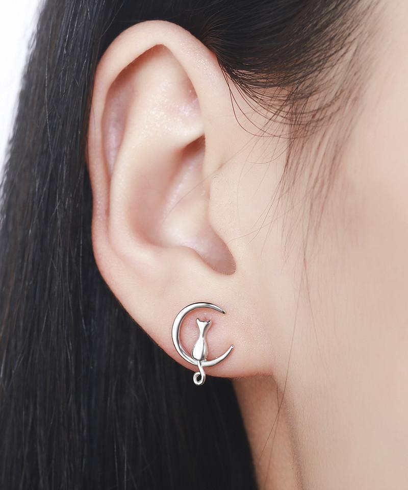 Cat & Moon Sterling Silver Stud Earrings - Floral Fawna