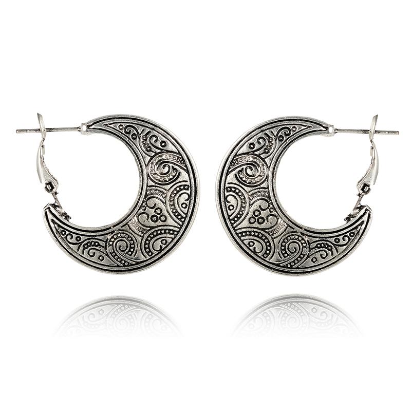 Ethnic Style Carved Moon Earrings - Floral Fawna