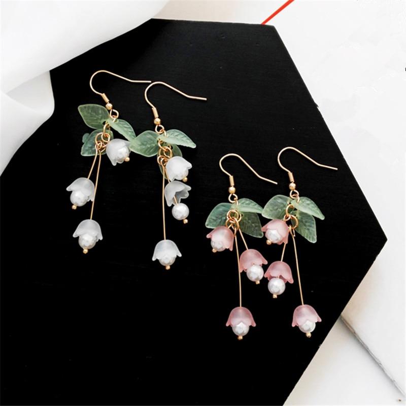 Cheap Romantic White Lily of the Valley Flower Long Dangle Earrings,Blossom  Drop Earrings for Womens,White Floral Studs Earrings