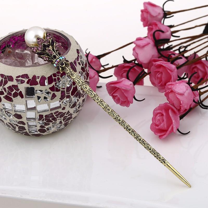 Pearl & Rhinestone Crystals Hair Stick - Floral Fawna