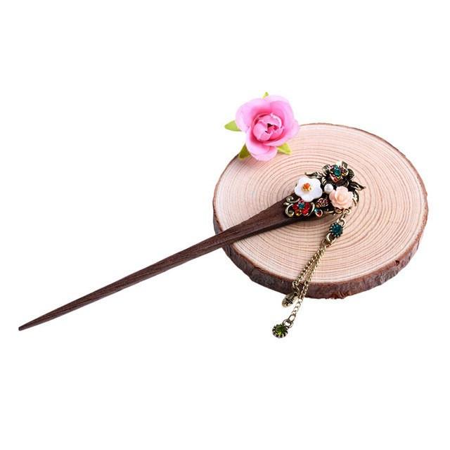 Vintage Style Rhinestone Flowers Wooden Hair Stick - Floral Fawna