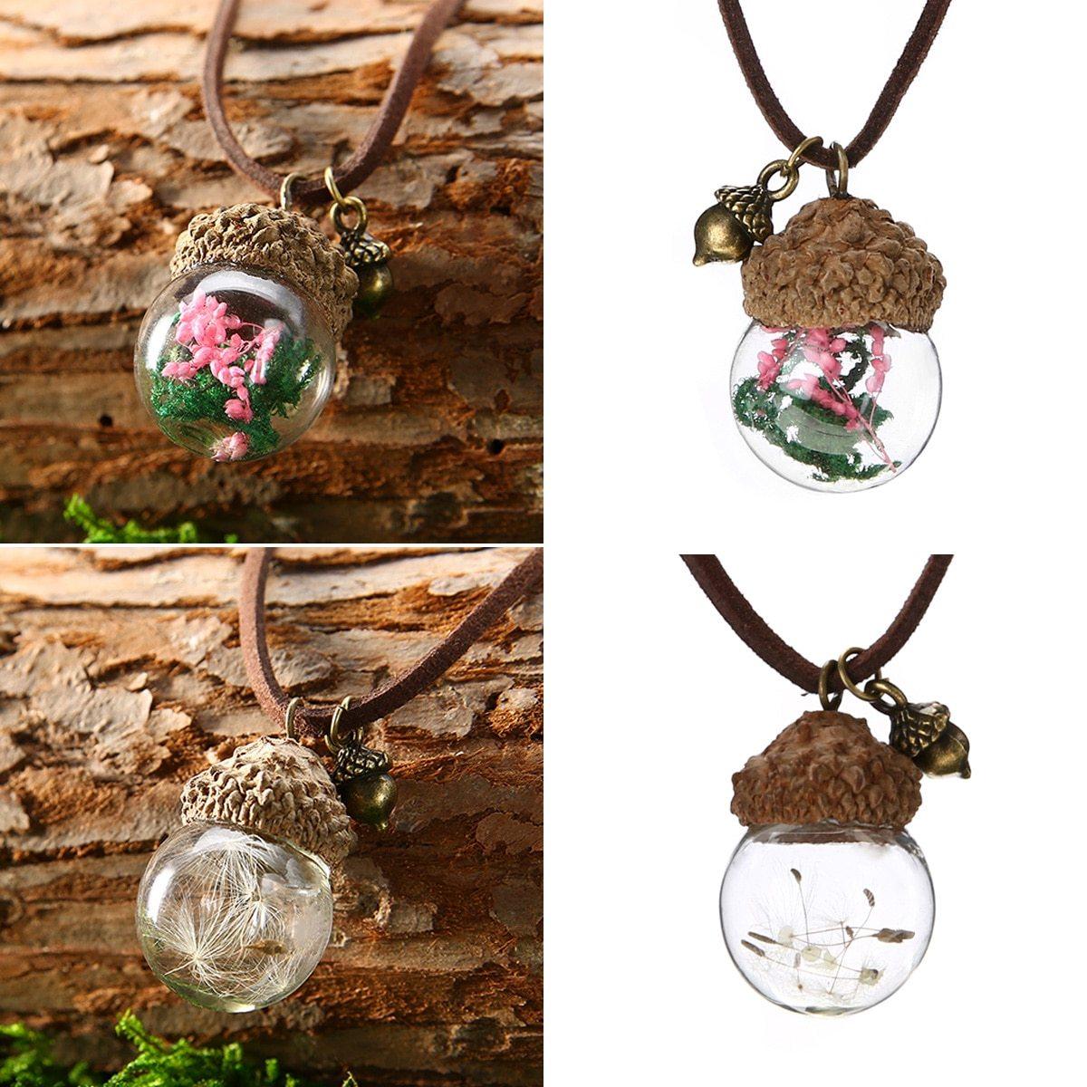Acorn & Dandelions Glass Necklace - Floral Fawna