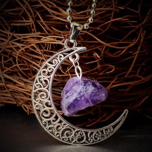 Crescent Moon & Natural Stone Crystal Necklace - Floral Fawna