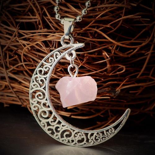 Crescent Moon & Natural Stone Crystal Necklace - Floral Fawna