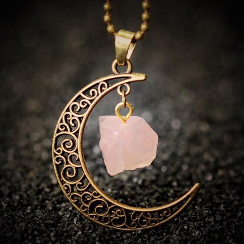 Crescent Moon & Natural Stone Crystal Necklace - Floral Fawna