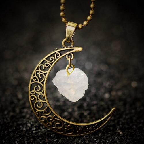 Crescent Moon & Natural Stone Crystal Necklace - Floral Fawna