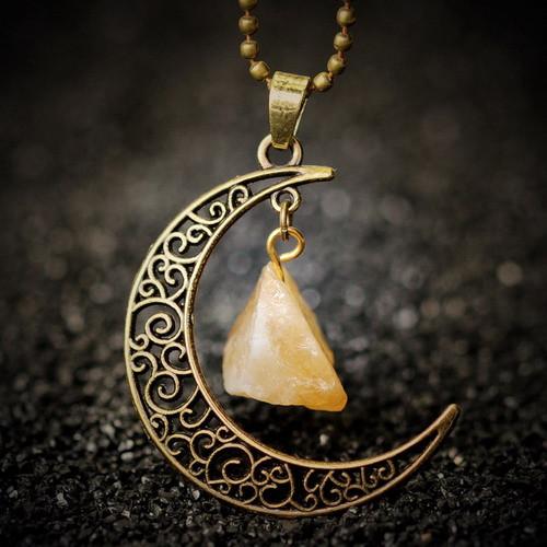Crescent Moon & Natural Stone Crystal Necklace - Floral Fawna