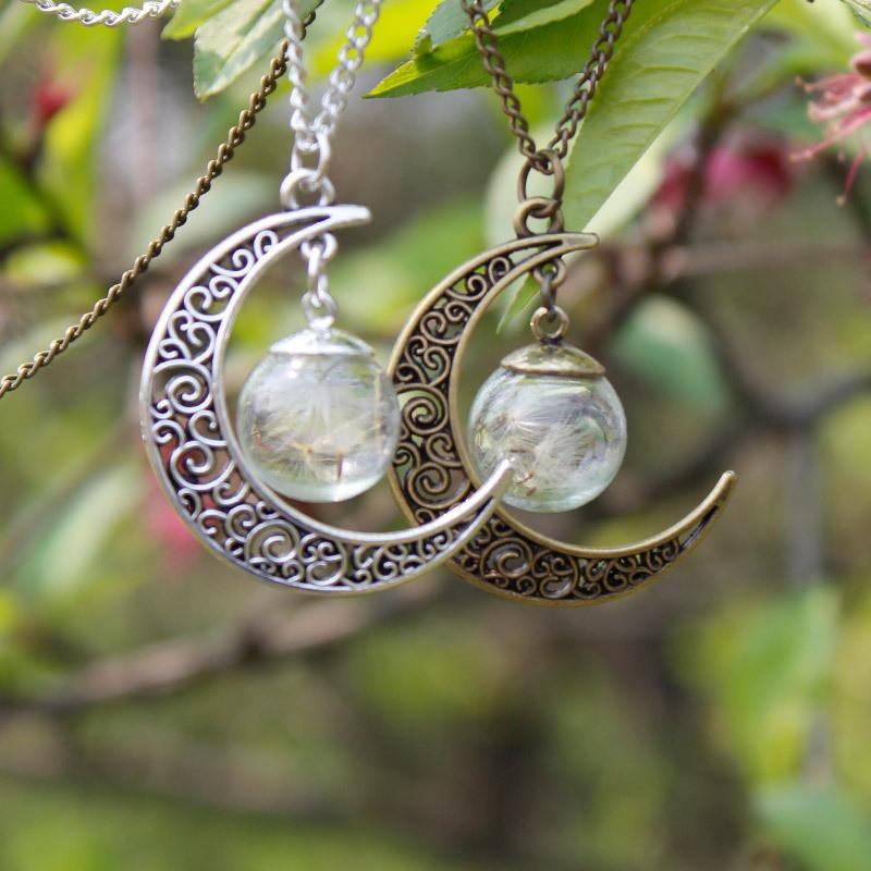 Crescent Moon & Real Dandelion Seeds Necklace - Floral Fawna