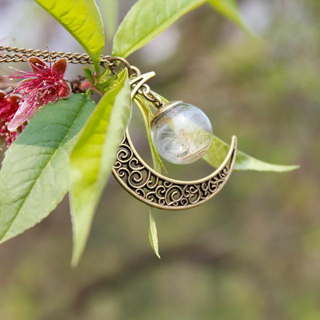 Crescent Moon & Real Dandelion Seeds Necklace - Floral Fawna